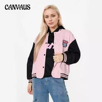 Женская бейсбольная куртка свободного покроя с длинным рукавом и принтом в виде букв, с яркими цветовыми сочетаниями M чёрный