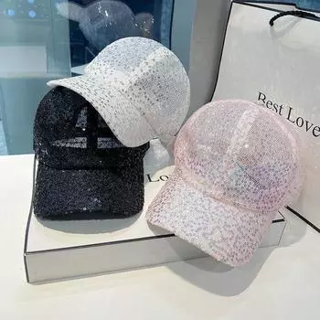 Женская бейсболка, блестящая сетчатая кепка с пайетками в стиле хип-хоп, летняя кепка-тени для отдыха на открытом воздухе, кепка-утконос для водителя грузовика, регулируемая 55-59CM Adjustable белый