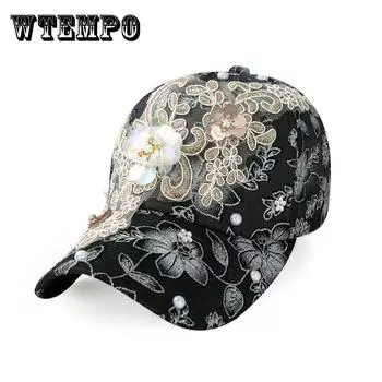 Женская бейсболка с цветочным тиснением, солнцезащитная кепка с 3D-цветком, искусственным жемчугом и стразами, регулируемый размер, удобная дышащая кепка с козырьком чёрный