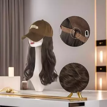 Женская бейсболка с длинными вьющимися волосами и вышитым корейским дизайном Brown-Black Curly