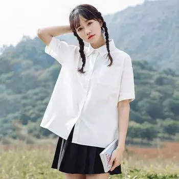 Женская белая блузка с лацканами в стиле колледжа, летняя рубашка с короткими рукавами и карманом, универсальные свободные блузки для корейских женщин S