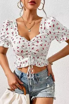 Женская белая блузка с принтом вишни Bella Notte, модная летняя укороченная модель