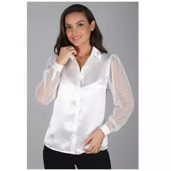 Женская белая дымчатая атласная тюль с рукавами и подробным отложным воротником, высококачественная блузка, рубашка для отдыха