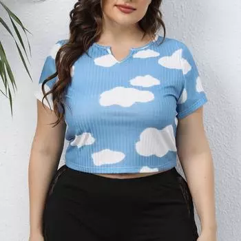 Женская белая футболка большого размера с коротким ребристым топом и открытыми пуговицами, с принтом облаков 0XL/L фиолетовый