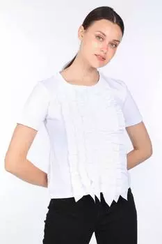 Женская белая футболка с круглым вырезом с рюшами