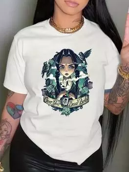 Женская белая хлопковая футболка с множеством уникальных узоров, круглым вырезом, короткими рукавами S