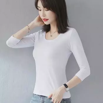 Женская белая хлопковая футболка с рукавом 3/4 - тренд весны/осени 2020 года XL чёрный