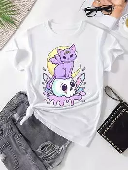 Женская белая хлопковая футболка свободного кроя с минималистичным принтом S