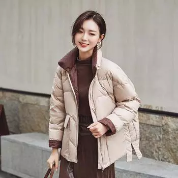 Женская белая куртка на утином пуху, зимнее свободное пуховое пальто с воротником-стойкой, женская теплая короткая зимняя верхняя одежда M