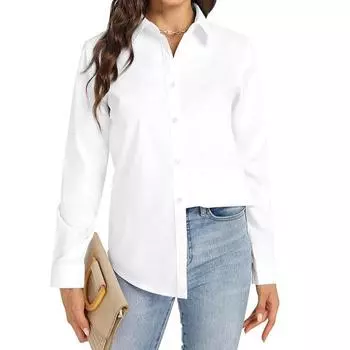 Женская белая рубашка-поло средней длины с длинными рукавами и воротником-поло M