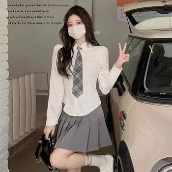 Женская белая рубашка с длинным рукавом в студенческом стиле с завязкой на талии - Нишевый осенне-весенний комплект JK-униформы S