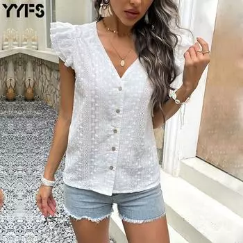 Женская белая рубашка с v-образным вырезом Хлопковая рубашка S белый