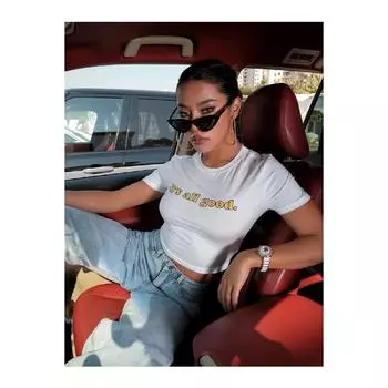 Женская белая укороченная футболка оверсайз с круглым вырезом It All Good с принтом