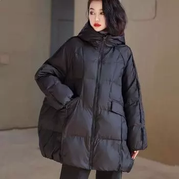 Женская белая утиная пуховая куртка свободного покроя большого размера теплая парка женская стеганая куртка с капюшоном на шнурке One size красный