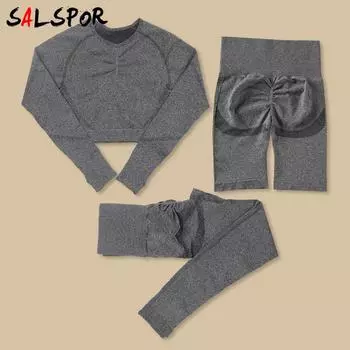 Женская бесшовная одежда, комплект из 3 предметов: леггинсы + топы + шорты