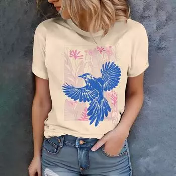 Женская бежевая футболка с принтом синей птицы и природы, повседневный летний стиль, круглый вырез, короткий рукав, топ для повседневной носки S