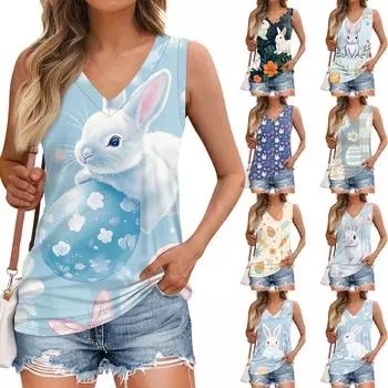 Женская безрукавка с пасхальным принтом, жилет-блузка XXXL синий