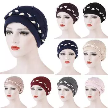 Женская бисерная коса Индия Шляпа Мусульманская рюшами Химический тюрбан Кепка с рюшами розовый