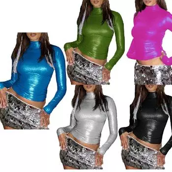 Женская блестящая футболка с длинным рукавом, модные металлические топы с воротником-стойкой, облегающие топы, вечерняя клубная одежда S чёрный