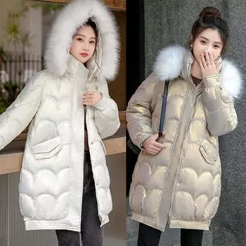 Женская блестящая хлопковая куртка-пуховик, зимнее новое пальто с меховым воротником и капюшоном, женские теплые парки, модное повседневное свободное длинное пальто M чёрный