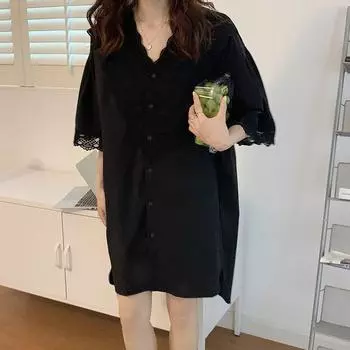 Женская блестящая кружевная лоскутная ночная рубашка с v-образным вырезом и коротким рукавом на пуговицах и подоле, однотонная дышащая ночная рубашка с разрезом, легкая мягкая повседневная пижама M