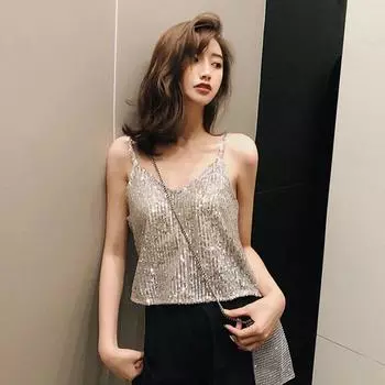 Женская блестящая майка без рукавов с V-образным вырезом и пайетками One Size