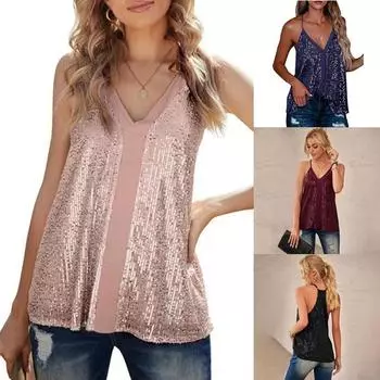 Женская блестящая майка-топ с пайетками, безрукавка, повседневная футболка на бретелях, летняя футболка S чёрный