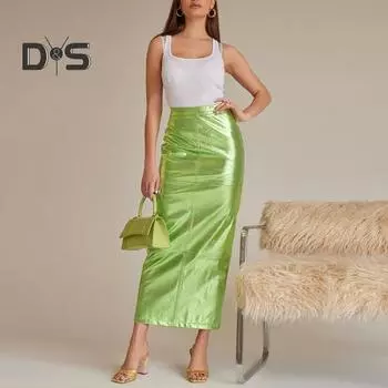 Женская блестящая макси-юбка с высокой талией и разрезом сзади на скрытой молнии, облегающая длинная юбка с запахом на бедрах, уличная одежда XL зелёный