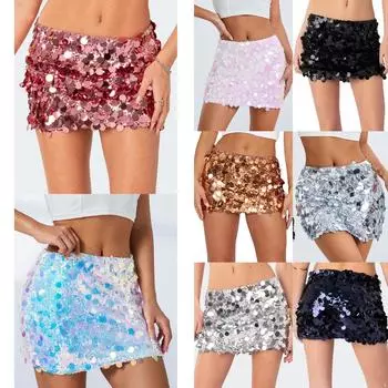 Женская блестящая мини-юбка с пайетками, с низкой талией, юбка в стиле хип-хоп, стильная карнавальная вечерние юбка для танцев, клубная одежда S чёрный