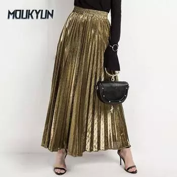 Женская блестящая плиссированная юбка для пляжной вечеринки с высокой талией и зонтиком А-силуэта One Size золотой