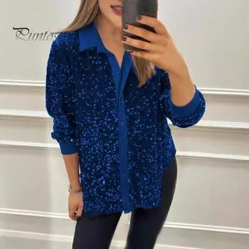 Женская блестящая рубашка с отворотом, длинный рукав, однобортная рубашка, топы, блестящие пайетки, украшенная блузка для вечеринки и сцены S синий