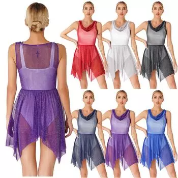 Женская блестящая туника без рукавов с драпировкой и шеей, танцевальная туника, лирическая танцевальная одежда S фиолетовый