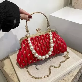 Женская блестящая вечерняя сумочка с пайетками, клатч через плечо с цепочкой и жемчугом, клатч с верхней ручкой, блестящая сумка через плечо, вечерняя сумочка для свадебной вечеринки красный