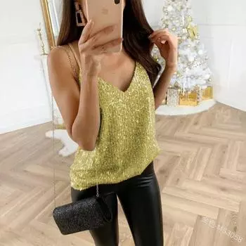 Женская блестящая жилетка без рукавов с V-образным вырезом и блестками больших размеров, блузка, легкая верхняя рубашка, модная спортивная блузка для девочек, топы на бретелях S розовый