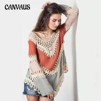 Женская блузка, богемное свободное пляжное накидка, вязаный свитер с длинными рукавами и цветочным принтом, солнцезащитный крем One Size