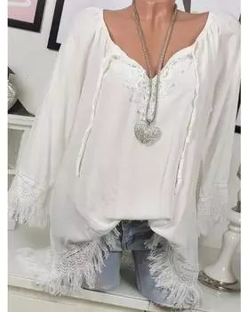 Женская блузка больших размеров – элегантное кружево и детали с кисточками для стильного комфорта и изысканности 1XL белый