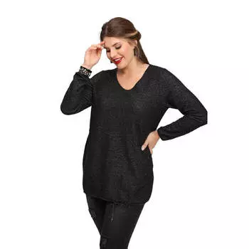 Женская блузка больших размеров Fierte Lm43210 с V-образным вырезом и скрытым карманом на молнии, длинный рукав, черный