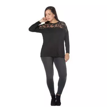 Женская блузка больших размеров Fierte Rg6857 Круглый вырез с кружевной отделкой и длинным рукавом Трикотаж Черный