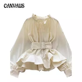 Женская блузка больших размеров, легкая, роскошная, в стиле ретро, с завязками и оборками по краю, маленькая, шикарная, с длинными рукавами One size абрикосовый