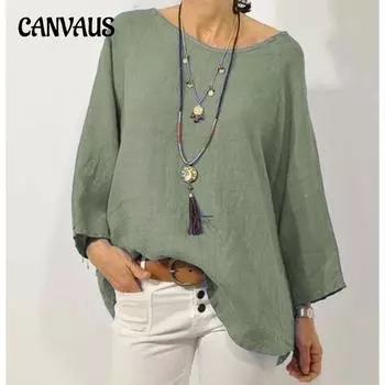 Женская блузка больших размеров, однотонная, с круглым вырезом и глубокими рукавами