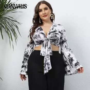 Женская блузка больших размеров с принтом тай-дай, разноцветные топы с завязками, глубоким V-образным вырезом и расклешенными рукавами, короткие топы с длинными рукавами 2XL