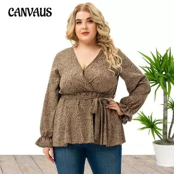 Женская блузка больших размеров, весенне-осенний топ с v-образным вырезом и завязкой с длинными рукавами 1XL темно-коричневого