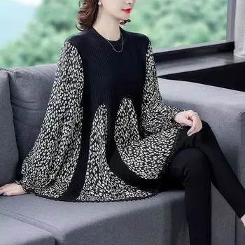 Женская блузка больших размеров, весенняя свободная леопардовая трикотажная блузка с плетением XL чёрный