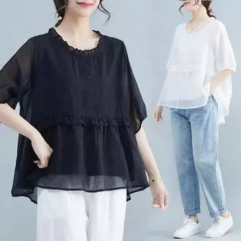 Женская блузка больших размеров, винтажная тонкая футболка, повседневные топы, свободные летние футболки с коротким рукавом, кружевные однотонные элегантные женские топы One Size чёрный