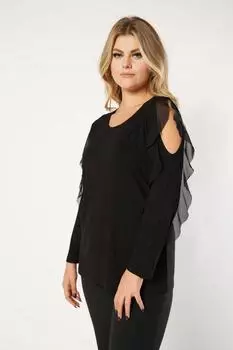 Женская блузка большого размера Черная вискозная блузка Nelly с рукавами-окнами и деталями из тюля