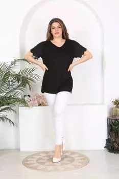 Женская блузка большого размера Эластичная блузка больших размеров с вышитыми рукавами, черная