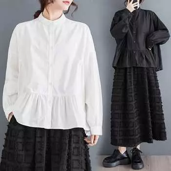 Женская блузка большого размера на весну и лето, рубашка большого размера с длинным рукавом, свободная, на пуговицах, однотонная, повседневная, черная One Size белый