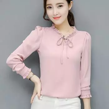 Женская блузка большого размера с длинным рукавом из шифона и бантом на весну и осень 5XL