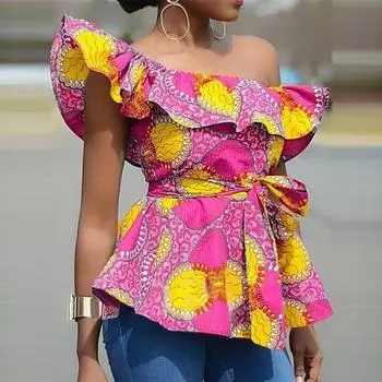 Женская блузка большого размера с открытыми плечами, без рукавов, с принтом и ремешками на талии M оранжевый