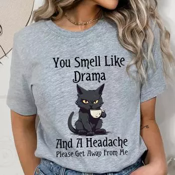 Женская блузка, черный кот, кофе, домашнее животное, футболки с героями мультфильмов, ты пахнешь драмой, женская одежда с графикой, женские футболки с котом, мамой, топы S серый
